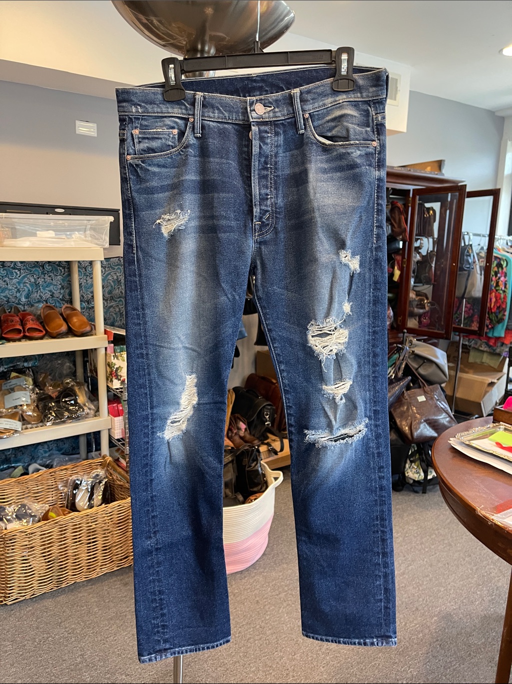 Mother Straight Leg Mid Rise Jeans 2015 Classic Dark Blue Distressed